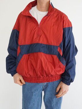 Vintage Northern Climate Red Blue Colorblock Half Zip Windbreaker Jacket XXL